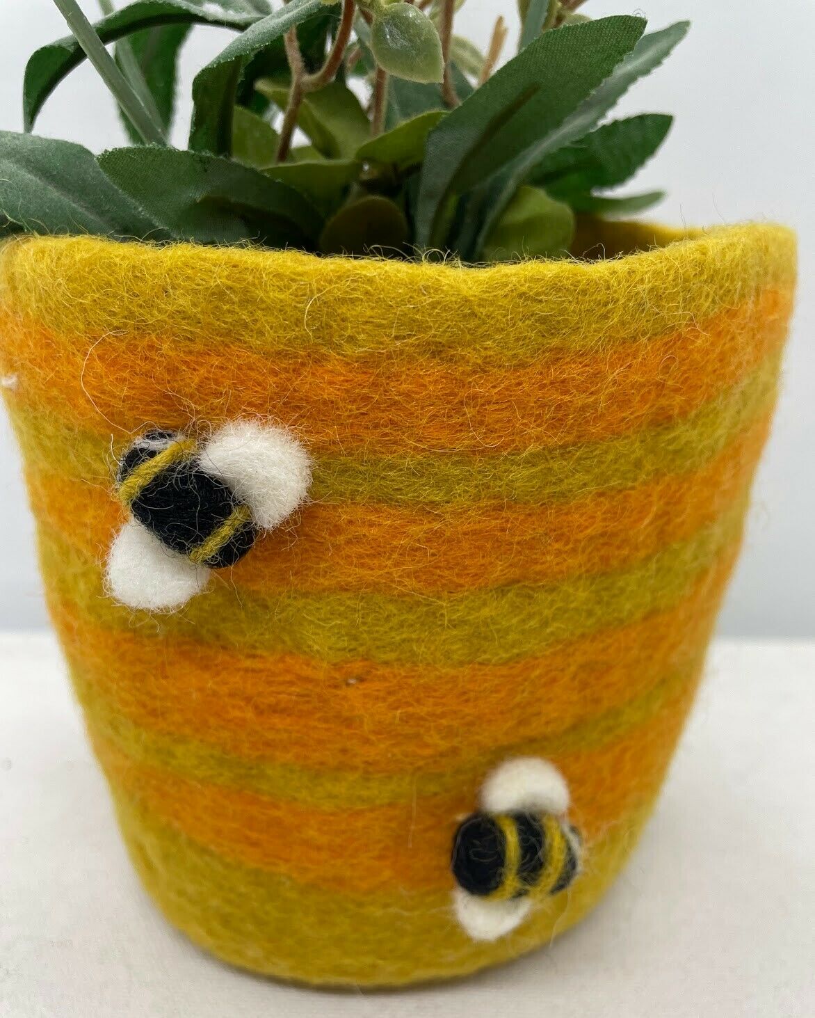 Primitive Folk Art Handmade Felted Bumble Bee Pot Yellow/Orange Stripe - The Primitive Pineapple Collection