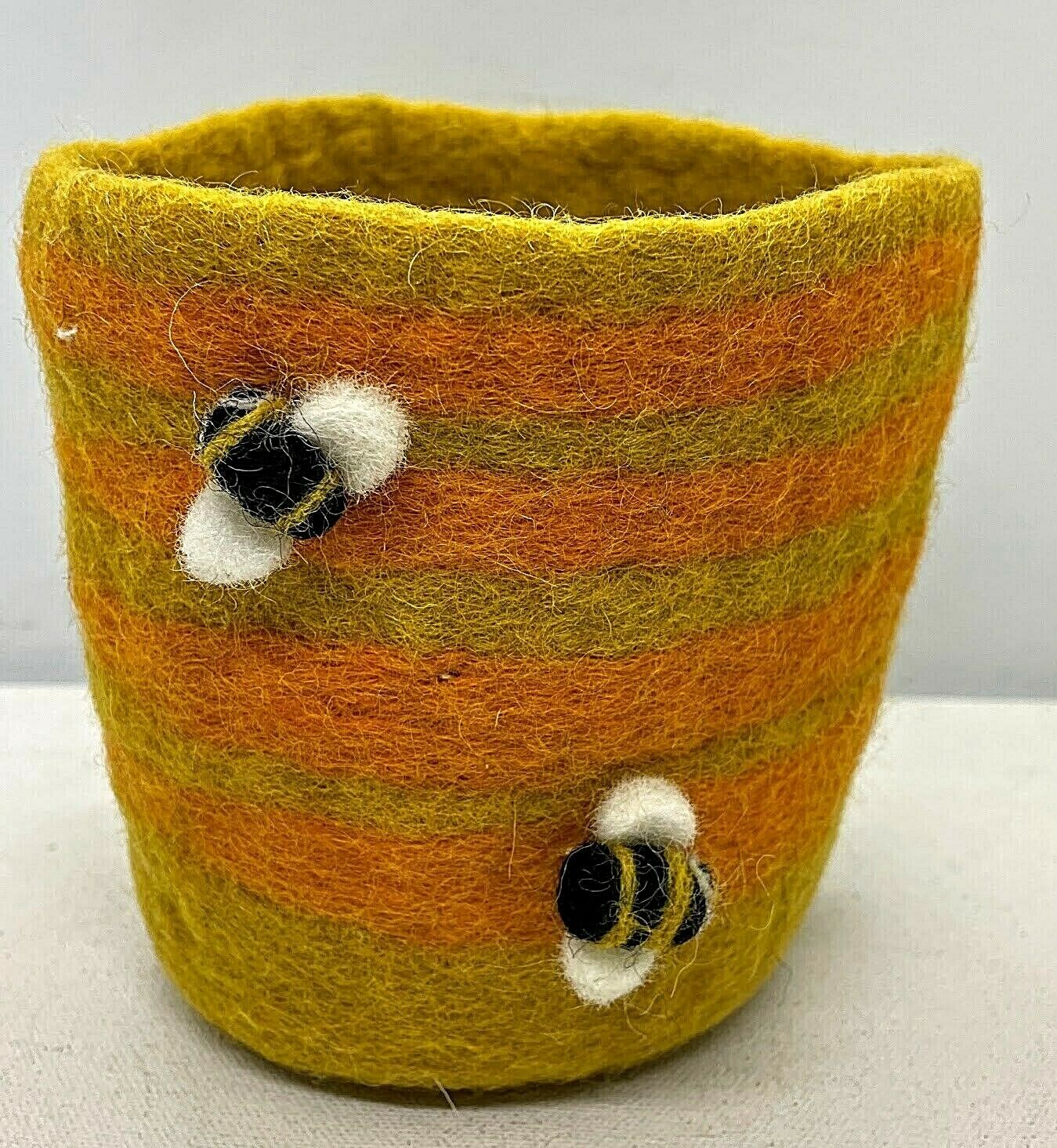 Primitive Folk Art Handmade Felted Bumble Bee Pot Yellow/Orange Stripe - The Primitive Pineapple Collection