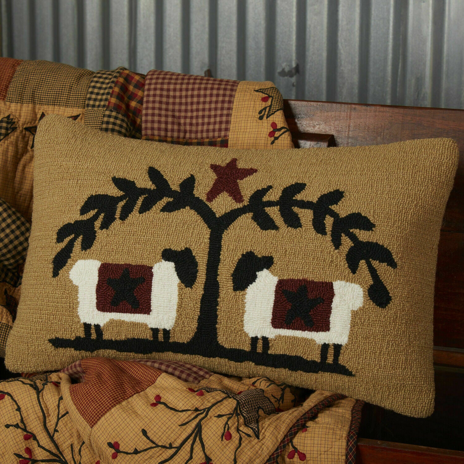 Primitive/Country Heritage Farms Sheep and Star Hooked Pillow 14x22 - The Primitive Pineapple Collection