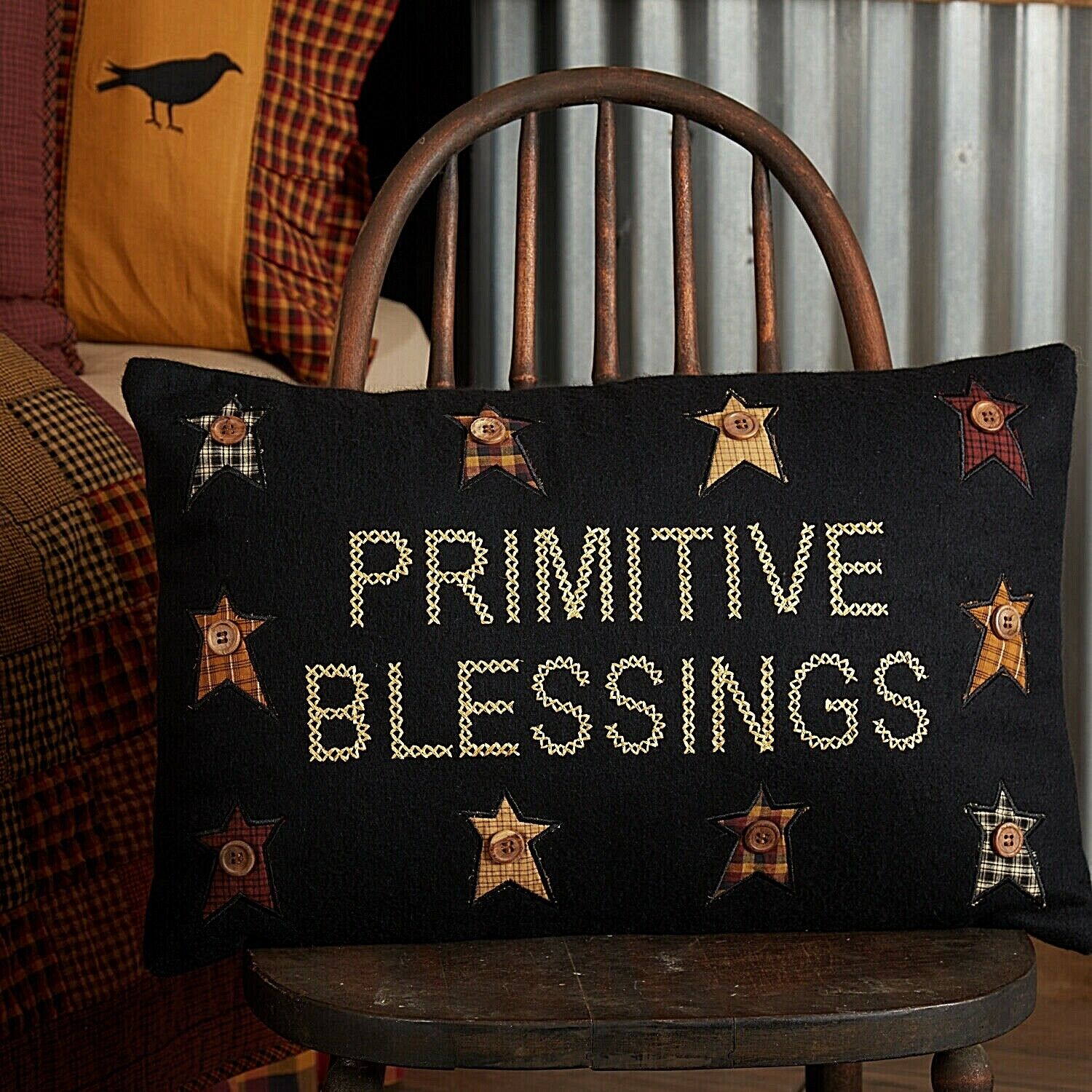 Primitive/Farmhouse 22&quot;x14&quot; Blessings Pillow Black Appliqued Felt - The Primitive Pineapple Collection