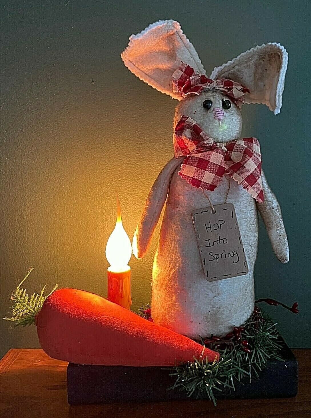 Primitive Farmhouse Spring Bunny with Carrot Light Pip Berries and Greens - The Primitive Pineapple Collection