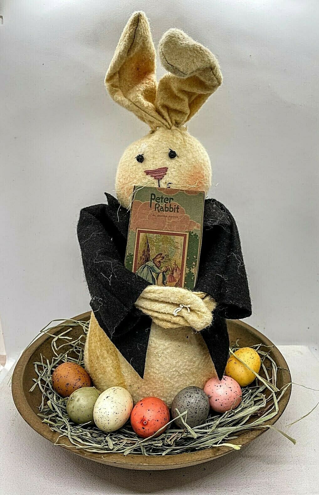 Primitive Farmhouse Spring Easter Peter Rabbit Doll with Coat 13&quot; - The Primitive Pineapple Collection