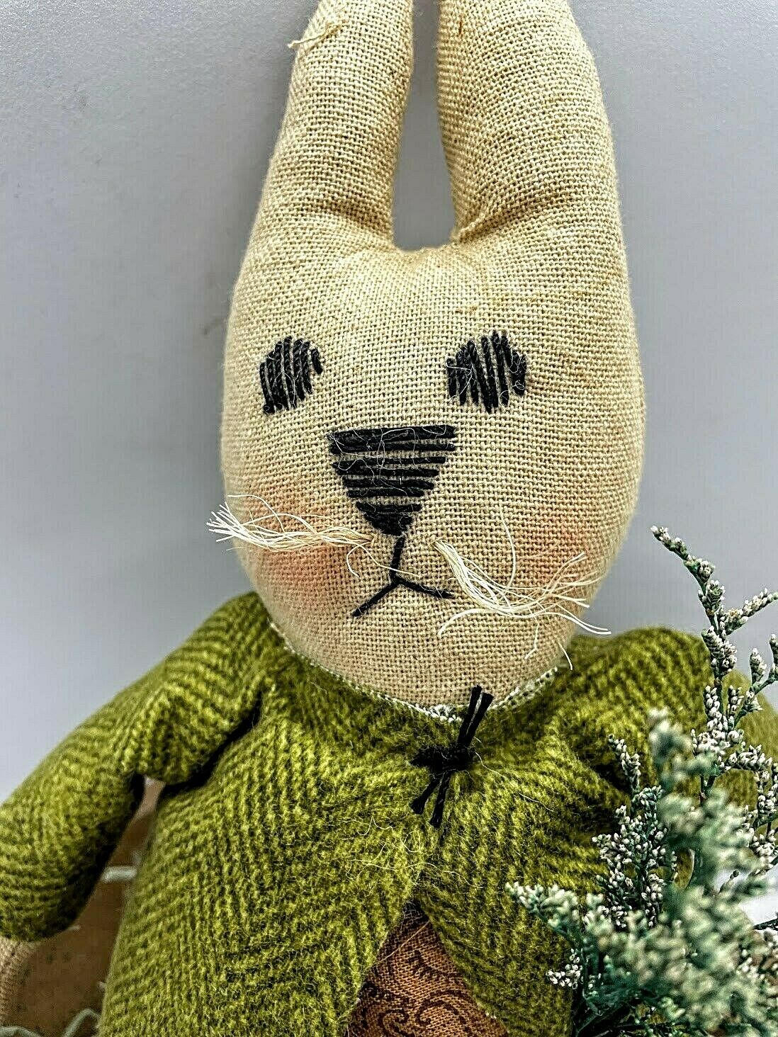 Primitive Handmade Spring Maisy Bunny w/ Wool Coat Sweet Annie Farmhouse - The Primitive Pineapple Collection