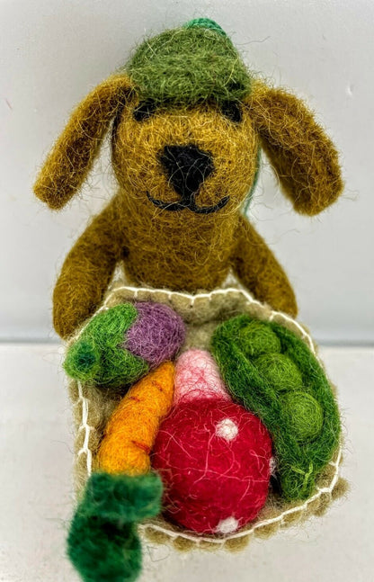 Primitive Folk Art Handmade Felted Wool Gardening Dog with Vegetables Ornaments - The Primitive Pineapple Collection