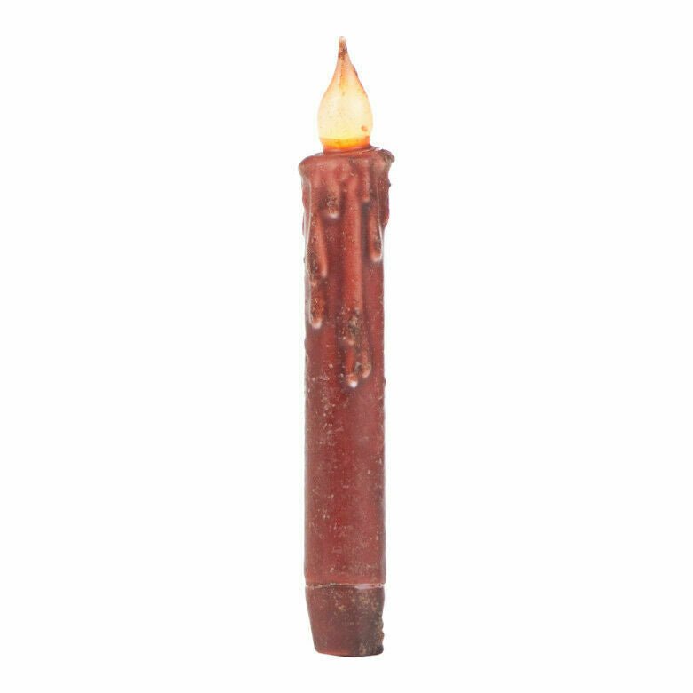 Primitive/Country Burgundy 7&quot; Battery Operated Flameless Taper Candle W/ Timer - The Primitive Pineapple Collection