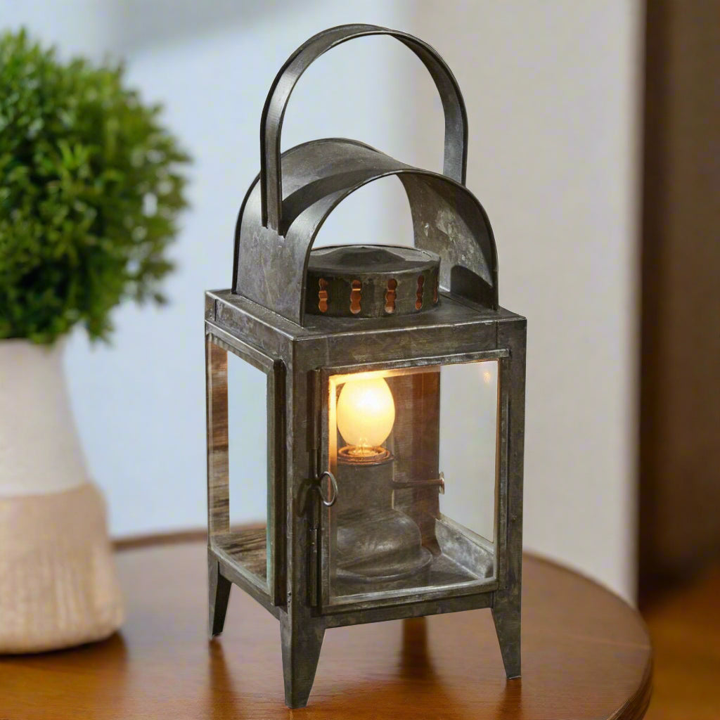 Primitive Colonial Reproduction Oil Lantern Bevel Glass Accent Lamp - The Primitive Pineapple Collection