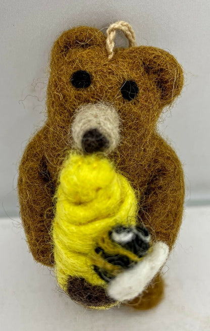 Primitive Folk Art Handmade Felted Wool Honey Teddy Bear w/ Beehive Ornament - The Primitive Pineapple Collection