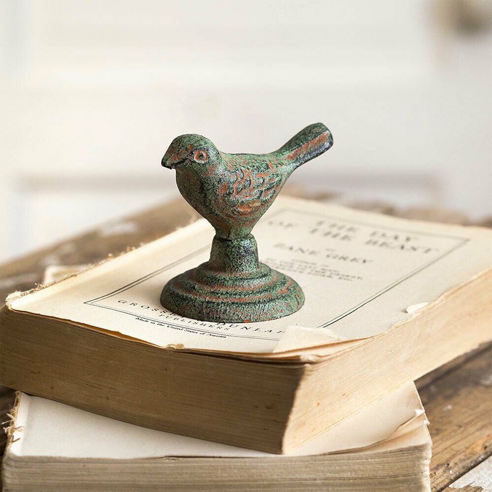 Primitive Farmhouse Cast Iron Chickadee Bird on pedestal Patina 3” x 2” x 2.5&quot; - The Primitive Pineapple Collection