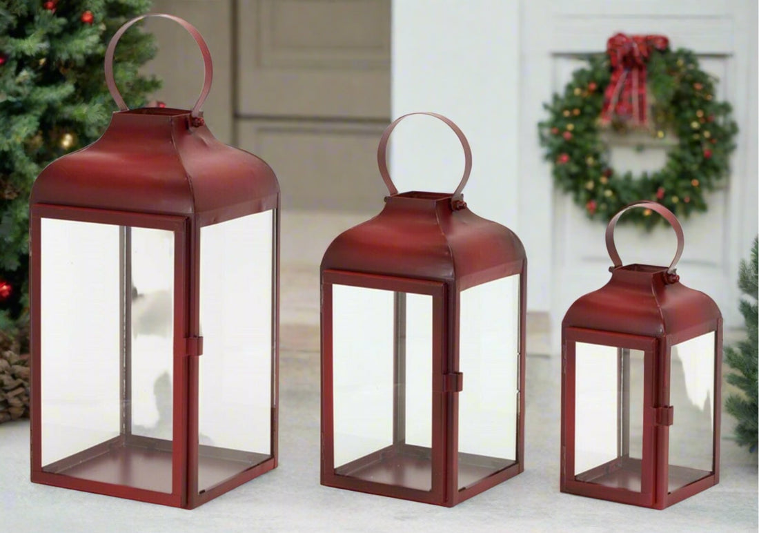 Primitive Farmhouse 3 pc Rustic Red Lanterns (Set of 3) 10"-16"H Metal/Glass - The Primitive Pineapple Collection