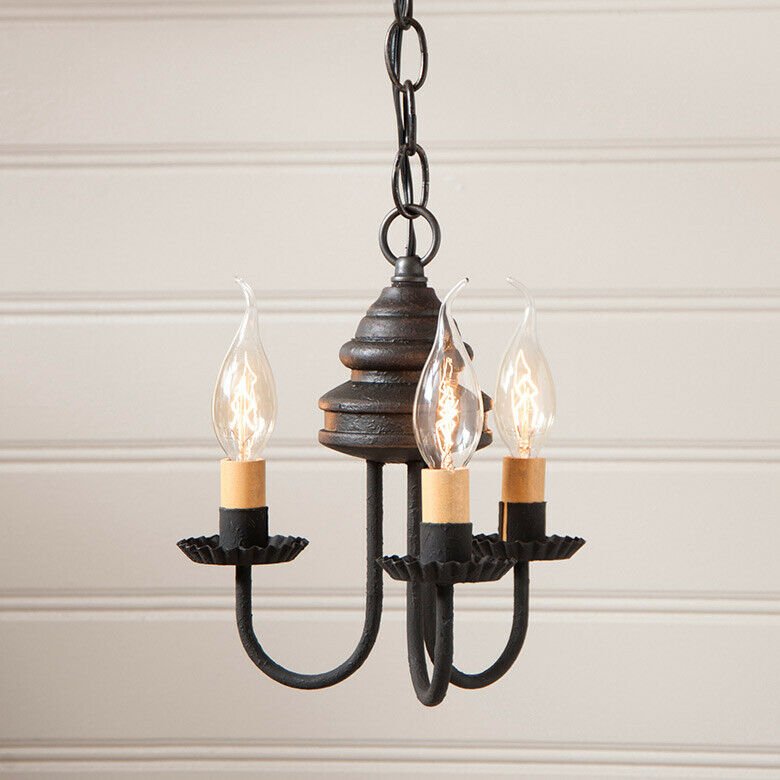 Primitive Colonial 3-Arm Bellview Wood Chandelier in Americana Black - The Primitive Pineapple Collection
