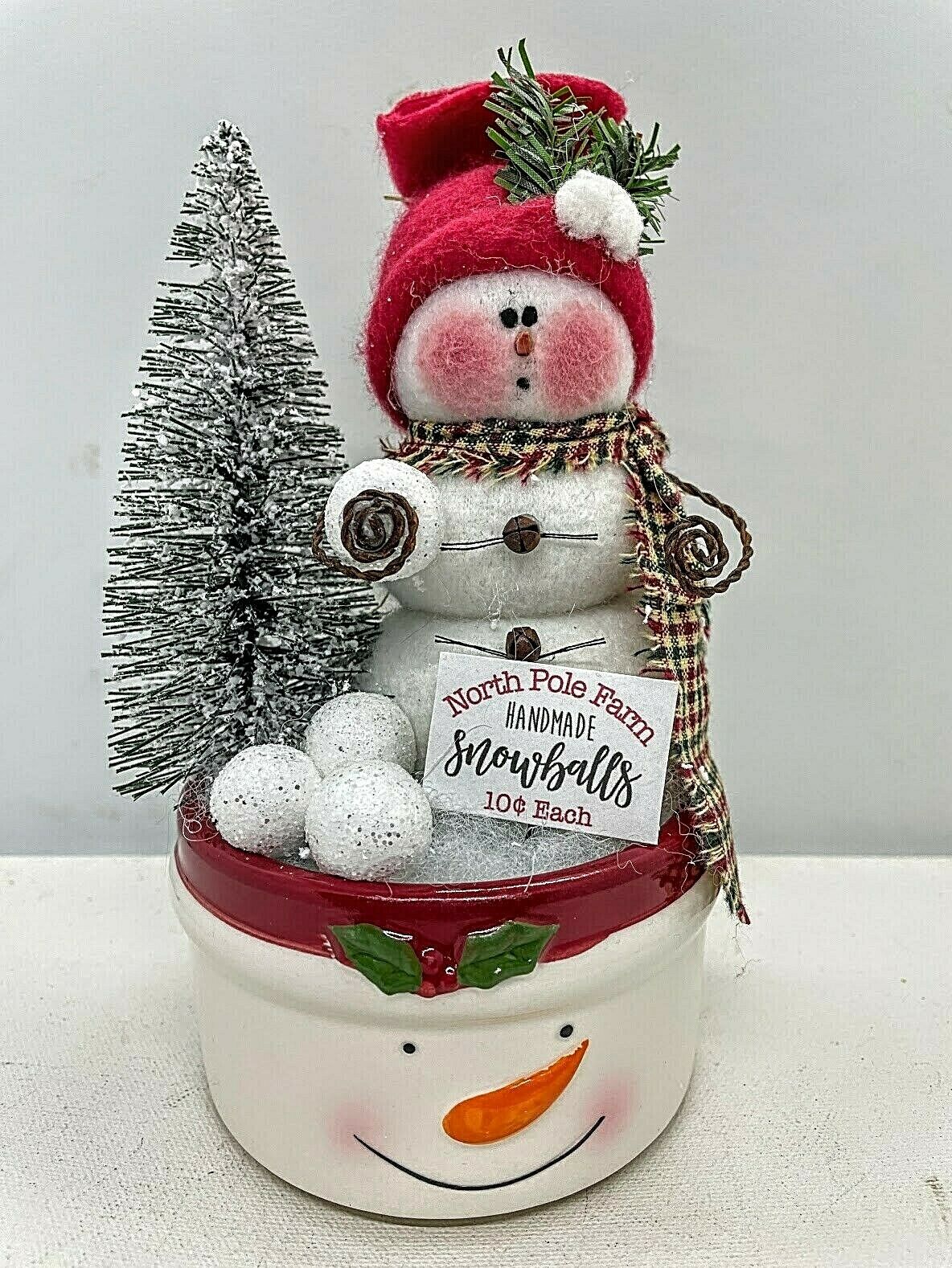 Primitive Handcrafted Snowman w/ Snowballs Bottle Brush tree in Crock - The Primitive Pineapple Collection