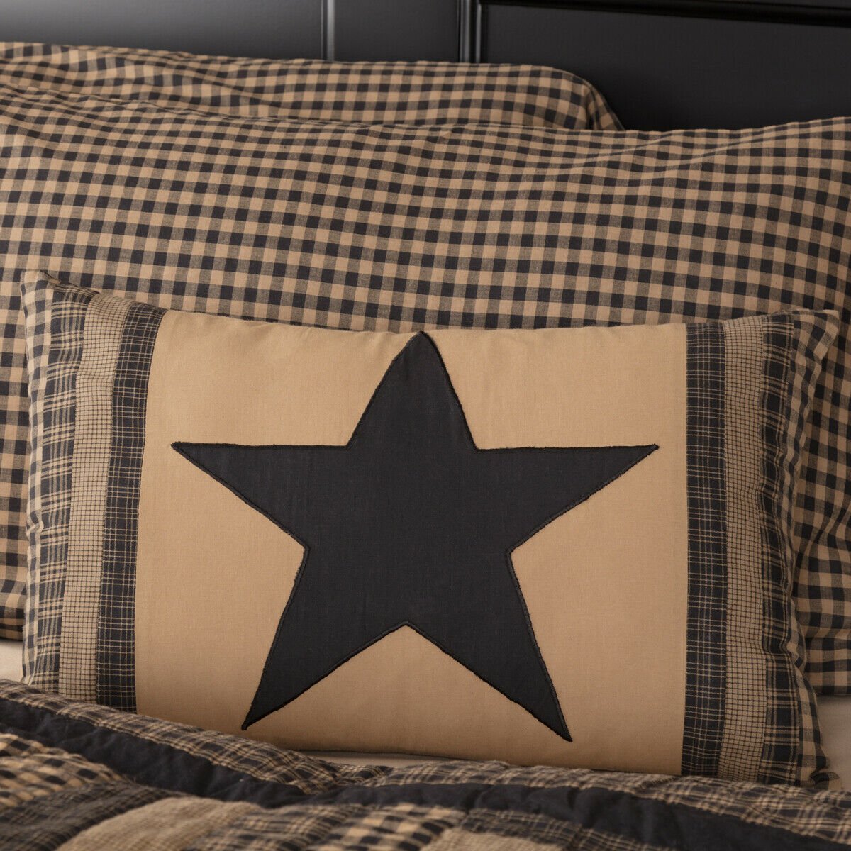 Primitive Farmhouse Black Check Star Patch Pillow 14x22 - The Primitive Pineapple Collection