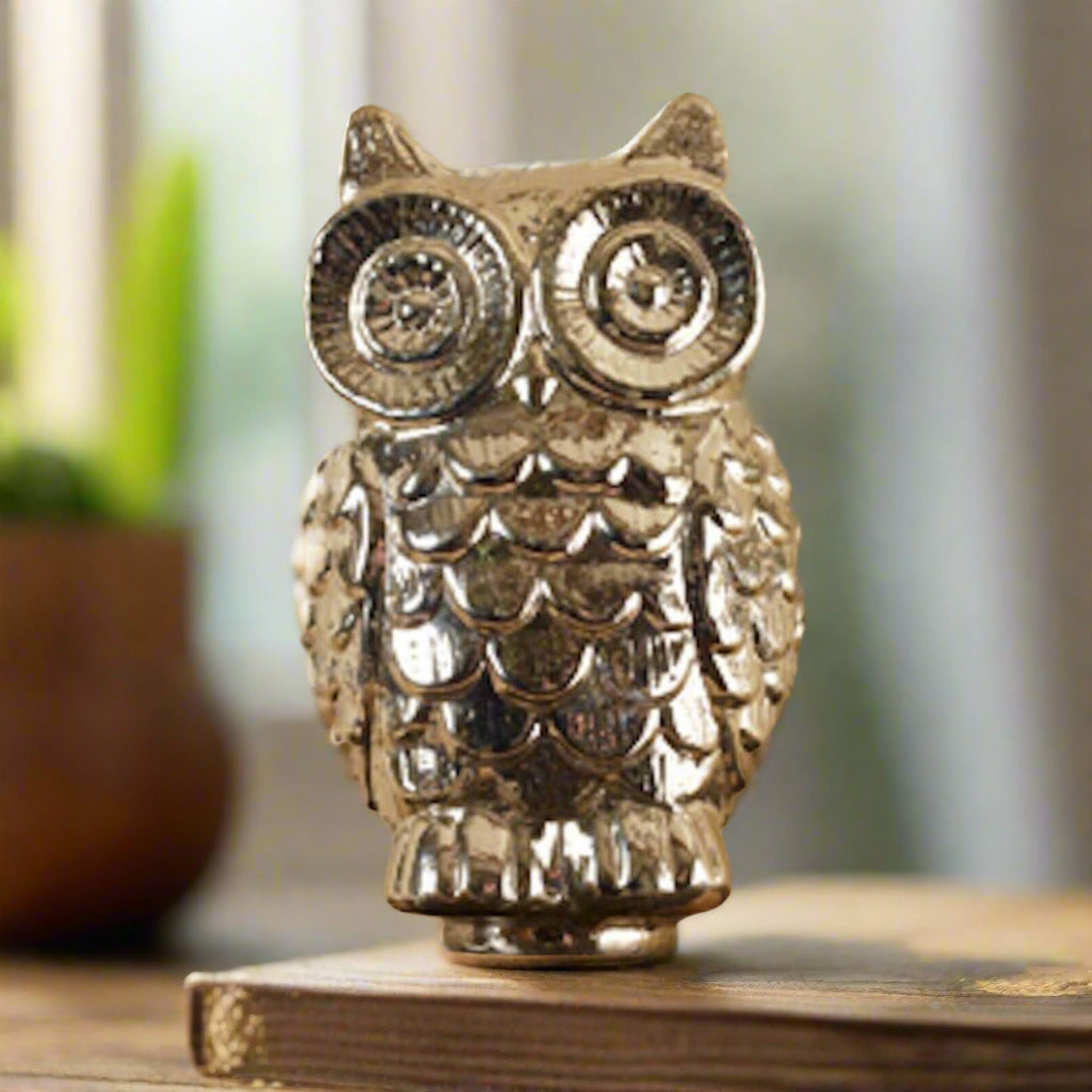Primitive Farmhouse 6.25 Silver Glass Mercury Owl Figurine - The Primitive Pineapple Collection