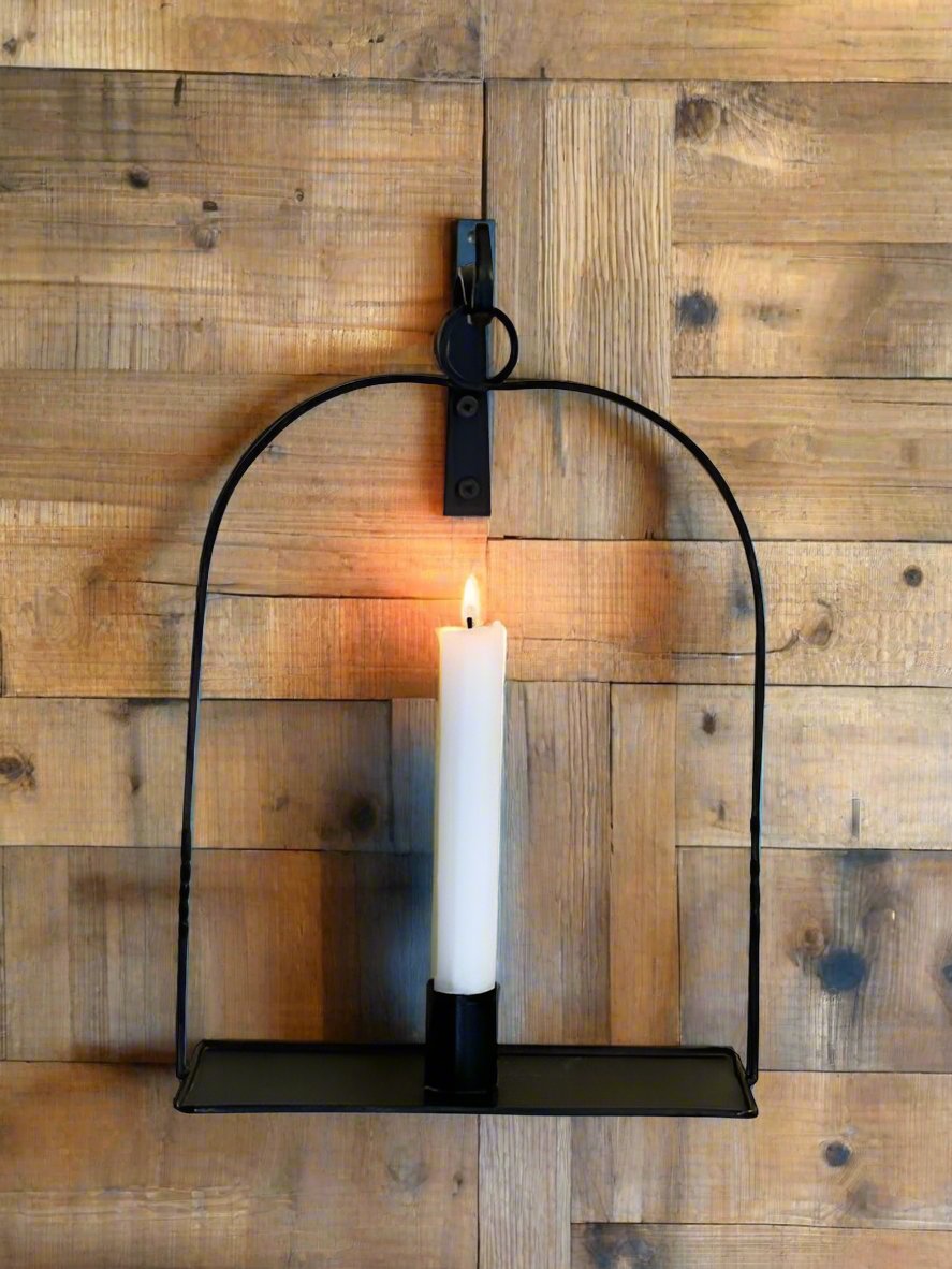 Primitive Early American Colonial Black Metal Hanging Taper Candle Holder 10.5&quot; - The Primitive Pineapple Collection