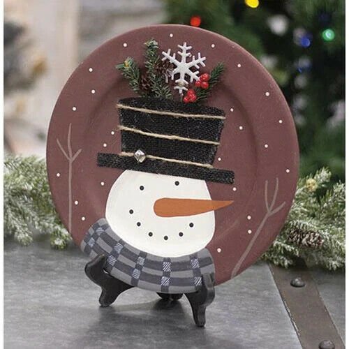 Primitive Farmhouse Christmas Folk art Snowman Goodie Hat Plate 11.5&quot; - The Primitive Pineapple Collection