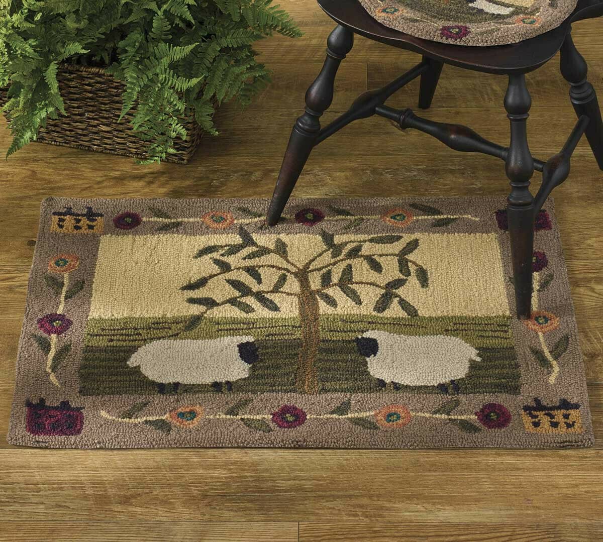 Primitive/Farmhouse Willow and Sheep Hooked Accent Rug 2x3 - The Primitive Pineapple Collection