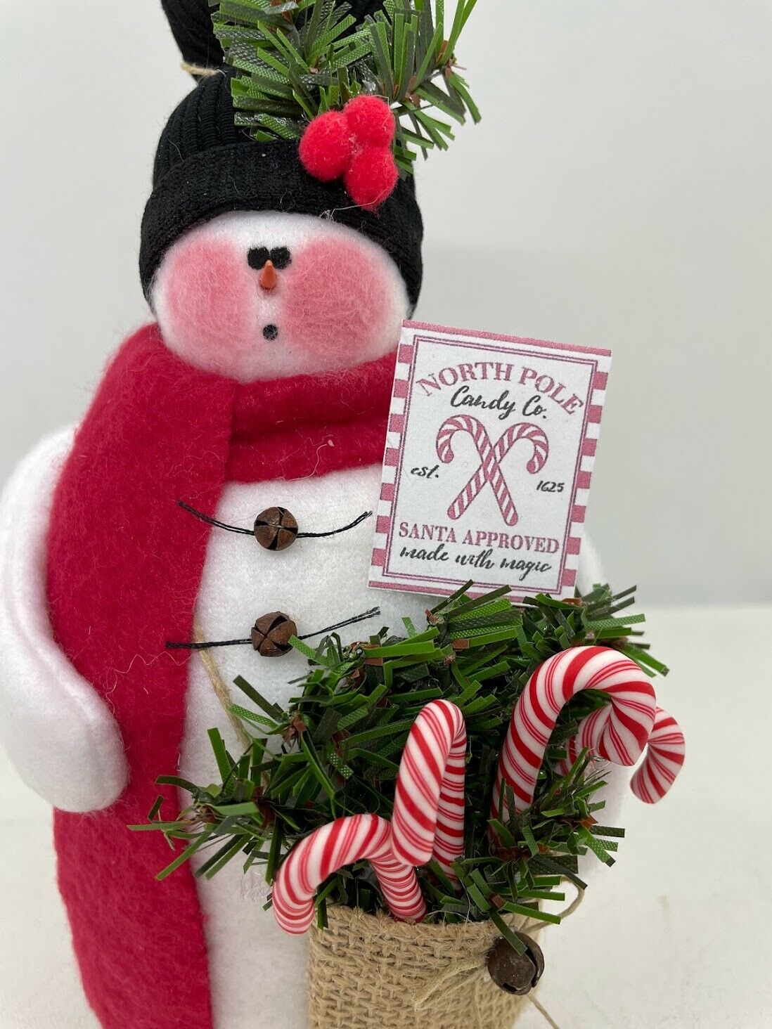 Primitive Farmhouse Christmas North Pole Snowman w/ Sack Candy Canes Greens - The Primitive Pineapple Collection