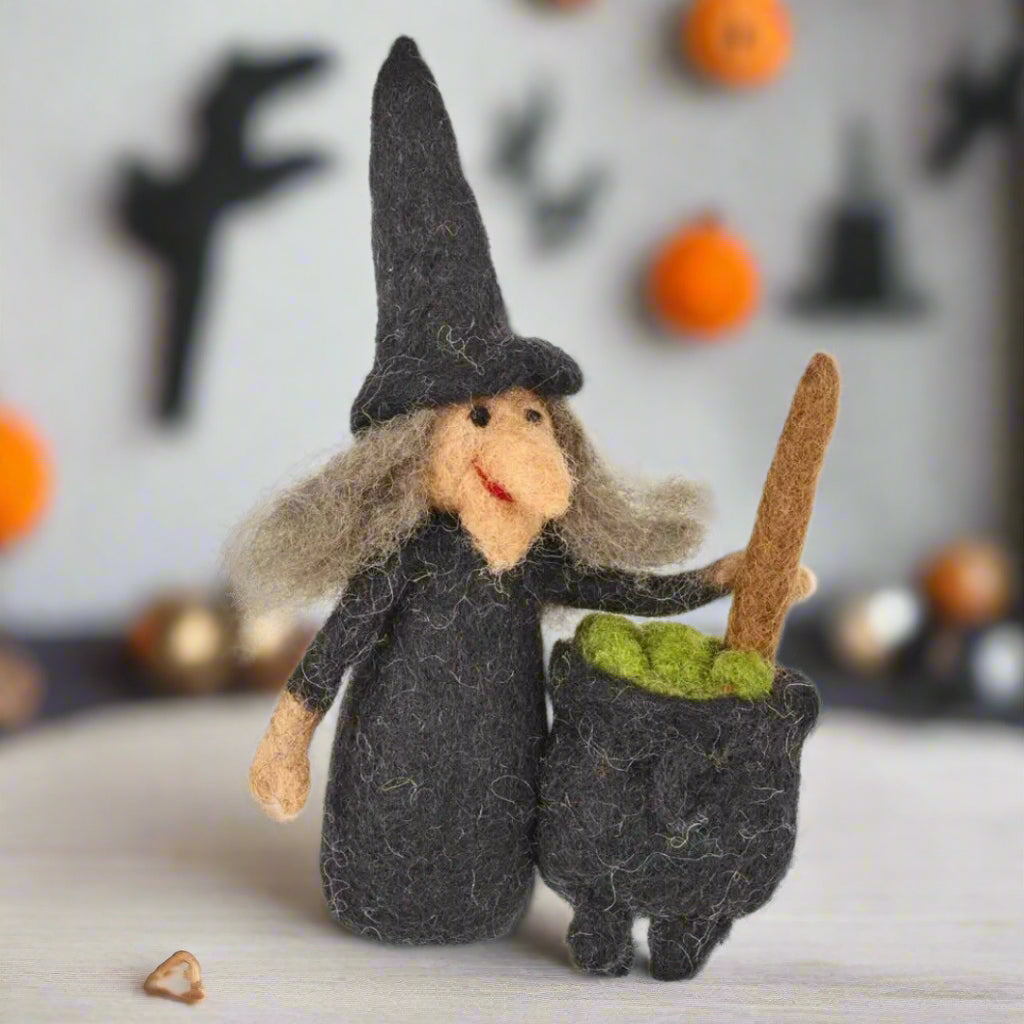 Primitive Folk Art Handmade Felted Wool Witch w/ Cauldron Halloween Ornaments - The Primitive Pineapple Collection