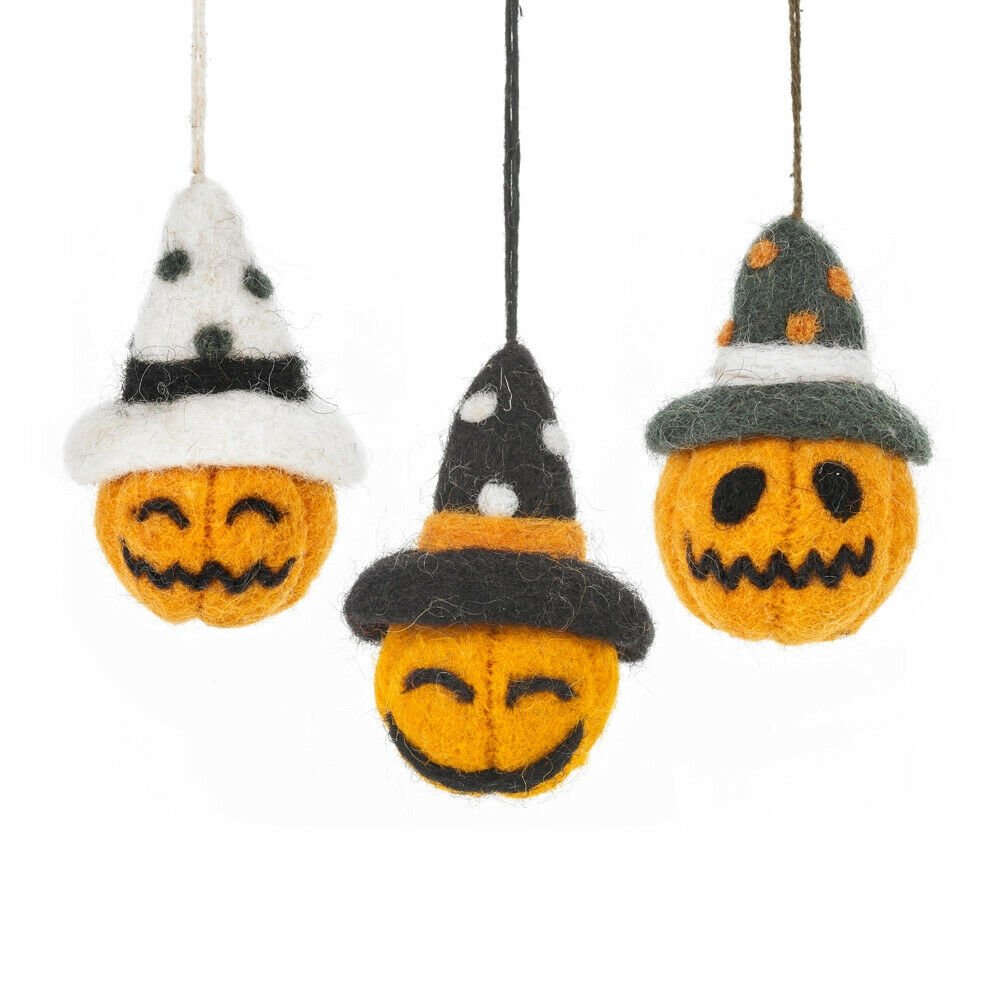 Primitive Folk Art Handmade Felted Wool Halloween 3 Pc Jack O Lantern Ornament - The Primitive Pineapple Collection