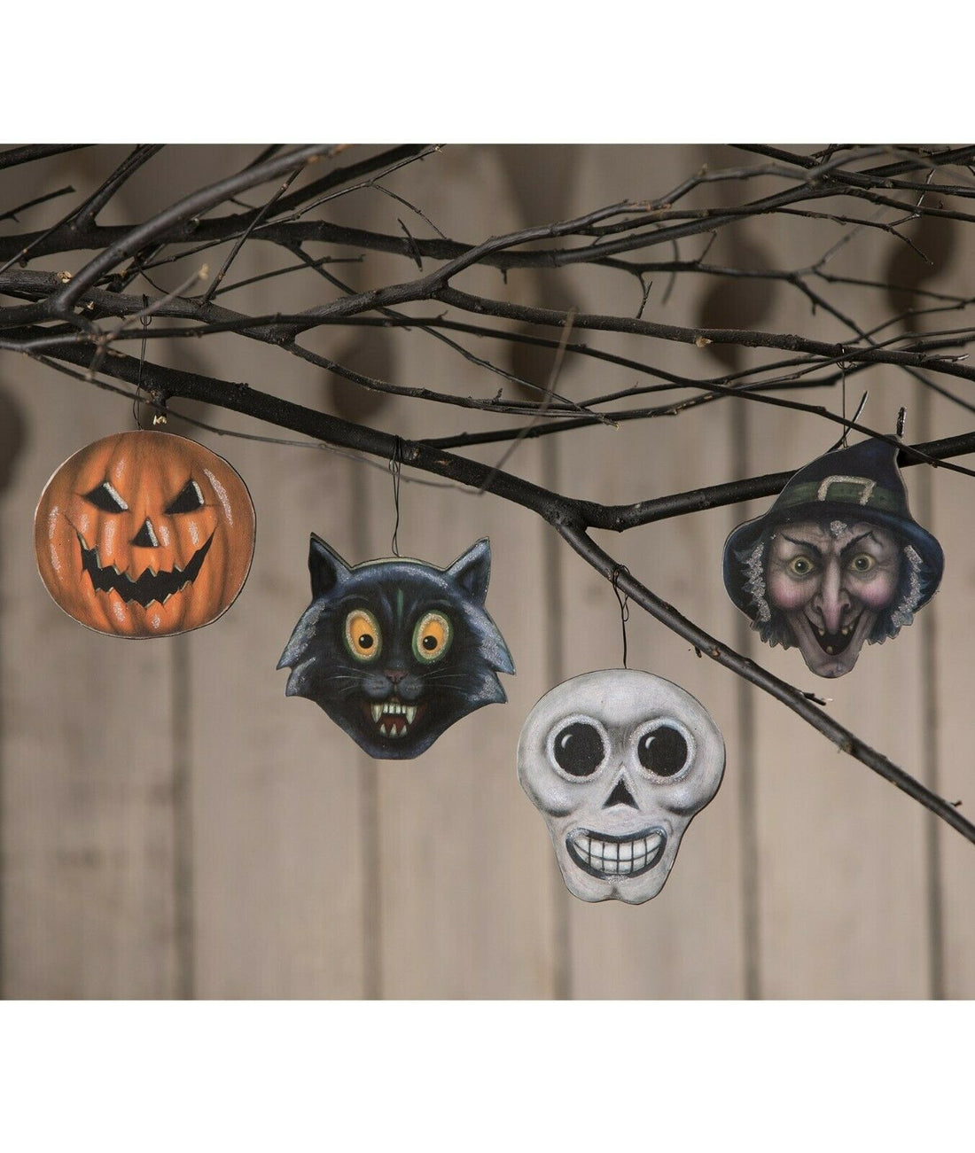 Bethany Lowe Halloween Haunts Wood Ornament Witch Ghost Black Cat 4pc set BB0306 - The Primitive Pineapple Collection