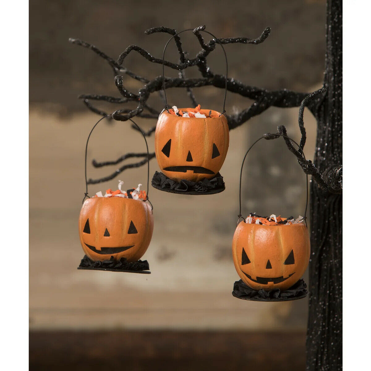 Bethany Lowe Halloween 3 pc Mini Pumpkin Bucket Ornaments ML0431