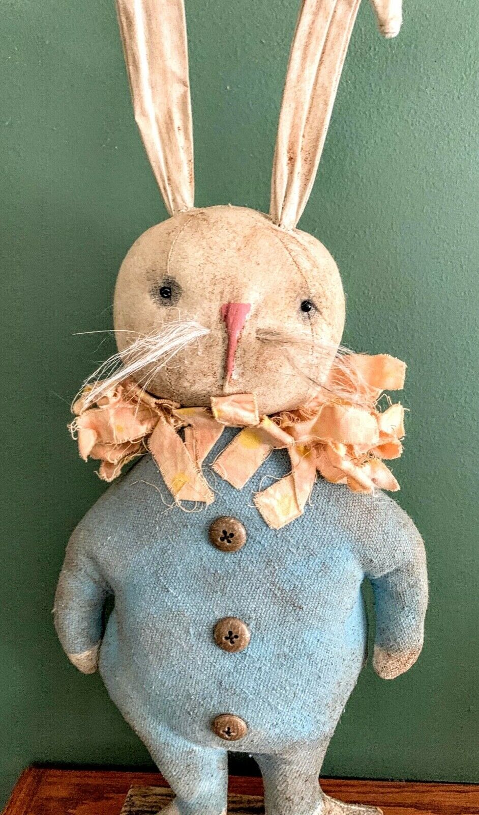 Primitive/Country Folk Art Handmade Pastel Blue Bunny on Stand 18&quot; Spring/Easter - The Primitive Pineapple Collection