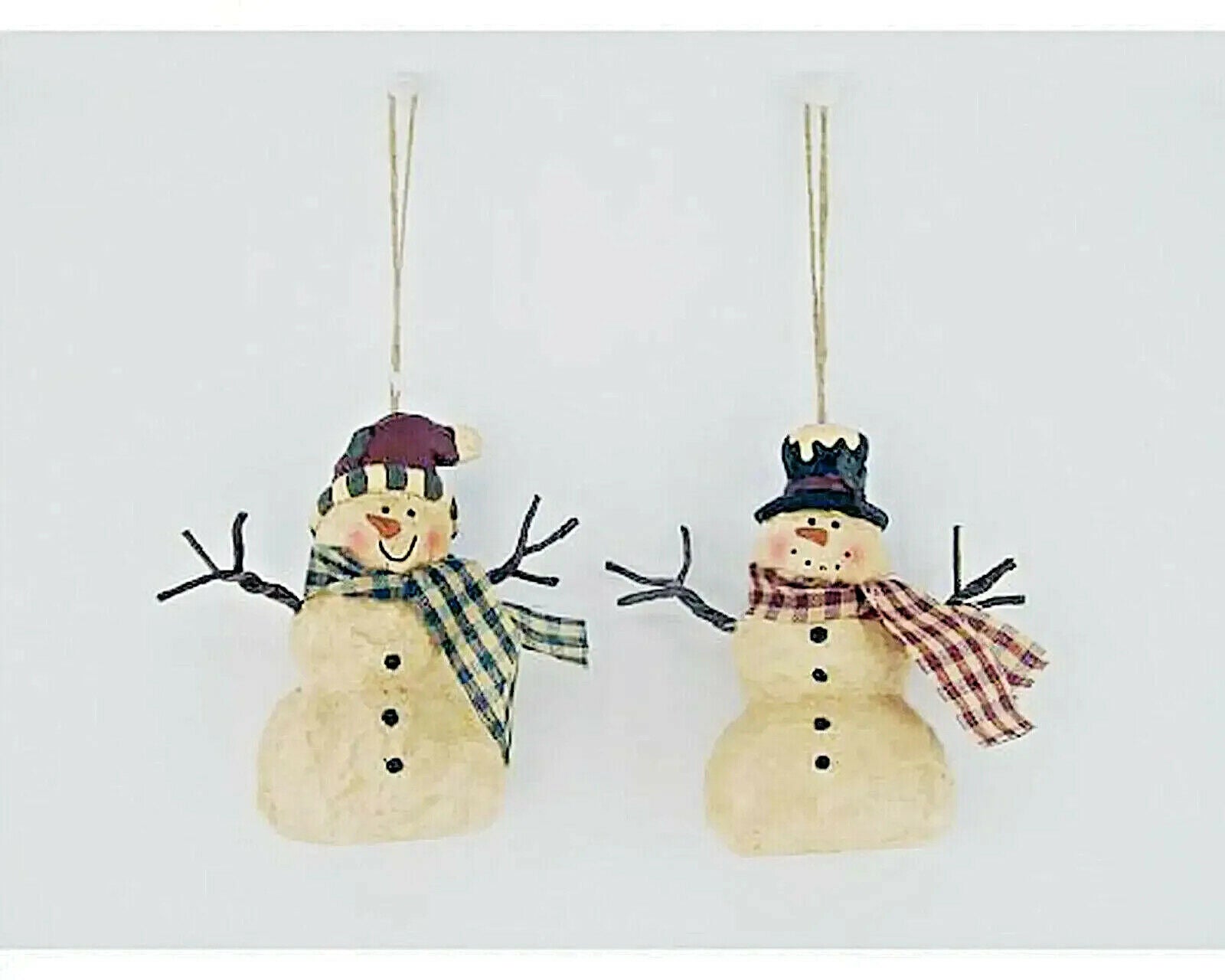 Christmas/Holiday Snowmen Duo w/ Scarfs and Twig Arms, Christmas 2pc Ornaments - The Primitive Pineapple Collection