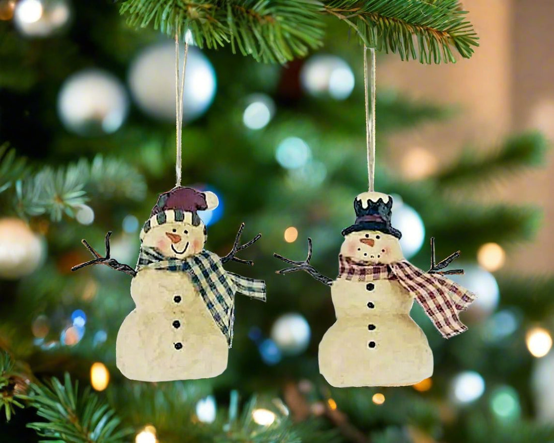 Christmas/Holiday Snowmen Duo w/ Scarfs and Twig Arms, Christmas 2pc Ornaments - The Primitive Pineapple Collection