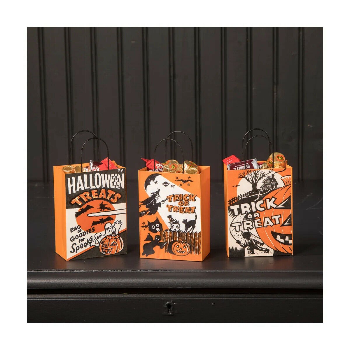 Bethany Lowe Halloween Retro Look 3 pc Tin Trick Or Treat Bags 7.25&quot; - The Primitive Pineapple Collection