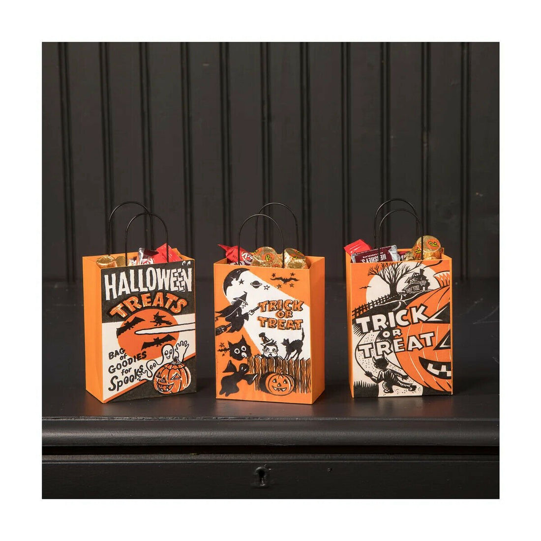 Bethany Lowe Halloween Retro Look 3 pc Tin Trick Or Treat Bags 7.25&quot; - The Primitive Pineapple Collection