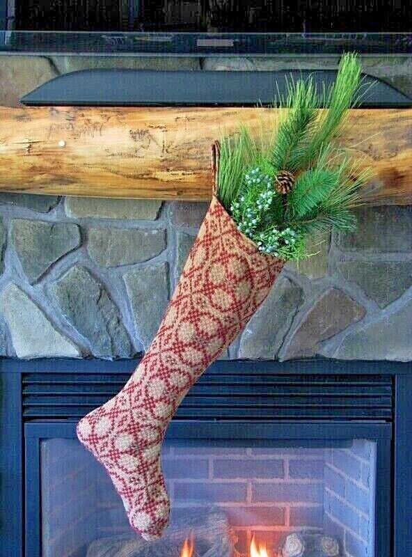 Primitive Christmas Patriot Knot Coverlet Fabric Stocking 25"L Heirloom Quality - The Primitive Pineapple Collection