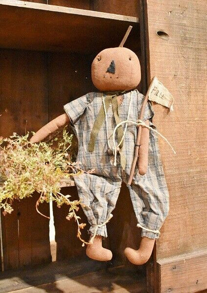 Primitive Halloween Fall Lewis Pumpkin Scarecrow Man Doll 18&quot; - The Primitive Pineapple Collection