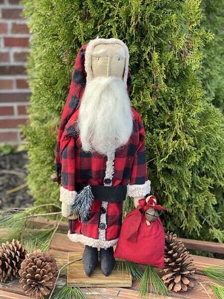 Primitive Christmas St Nick Santa Red Buffalo Plaid on Stand 21&quot; Toy Sack - The Primitive Pineapple Collection