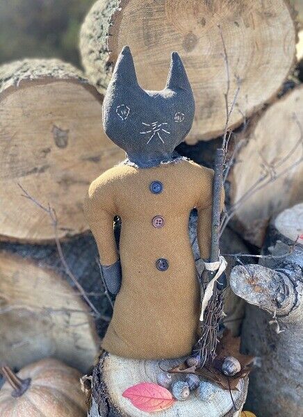Primitive Halloween Abigail Kitty Cat Stump Doll w/ Broom 16&quot; - The Primitive Pineapple Collection