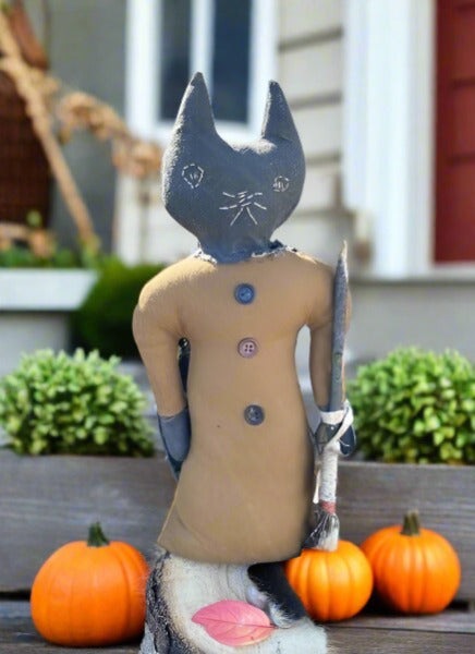 Primitive Halloween Abigail Kitty Cat Stump Doll w/ Broom 16&quot; - The Primitive Pineapple Collection