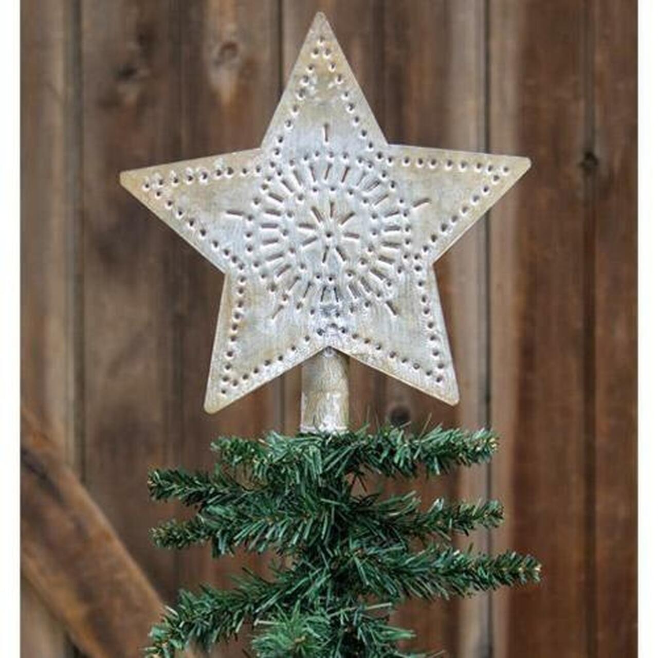 Primitive Christmas Whitewashed Punched Tin 5&quot; Tin Star - The Primitive Pineapple Collection