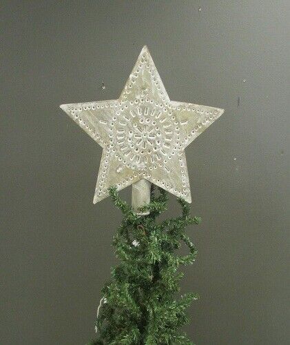 Primitive Christmas Whitewashed Punched Tin 5&quot; Tin Star - The Primitive Pineapple Collection