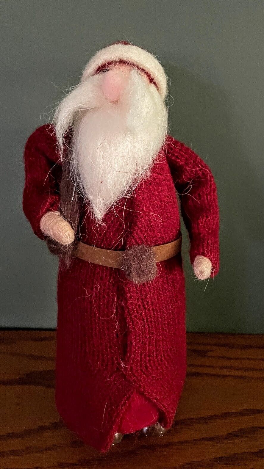 Primitive Christmas Red wool Santa with Knit Coat and Sack 10" - The Primitive Pineapple Collection