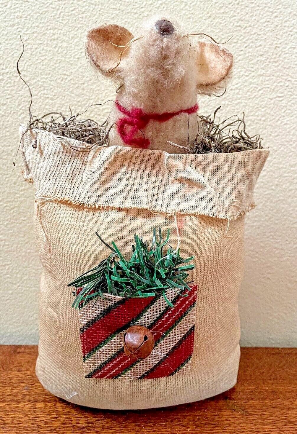 Primitive Handcrafted Christmas Mouse in Sack 8&quot; Folk Art Country - The Primitive Pineapple Collection