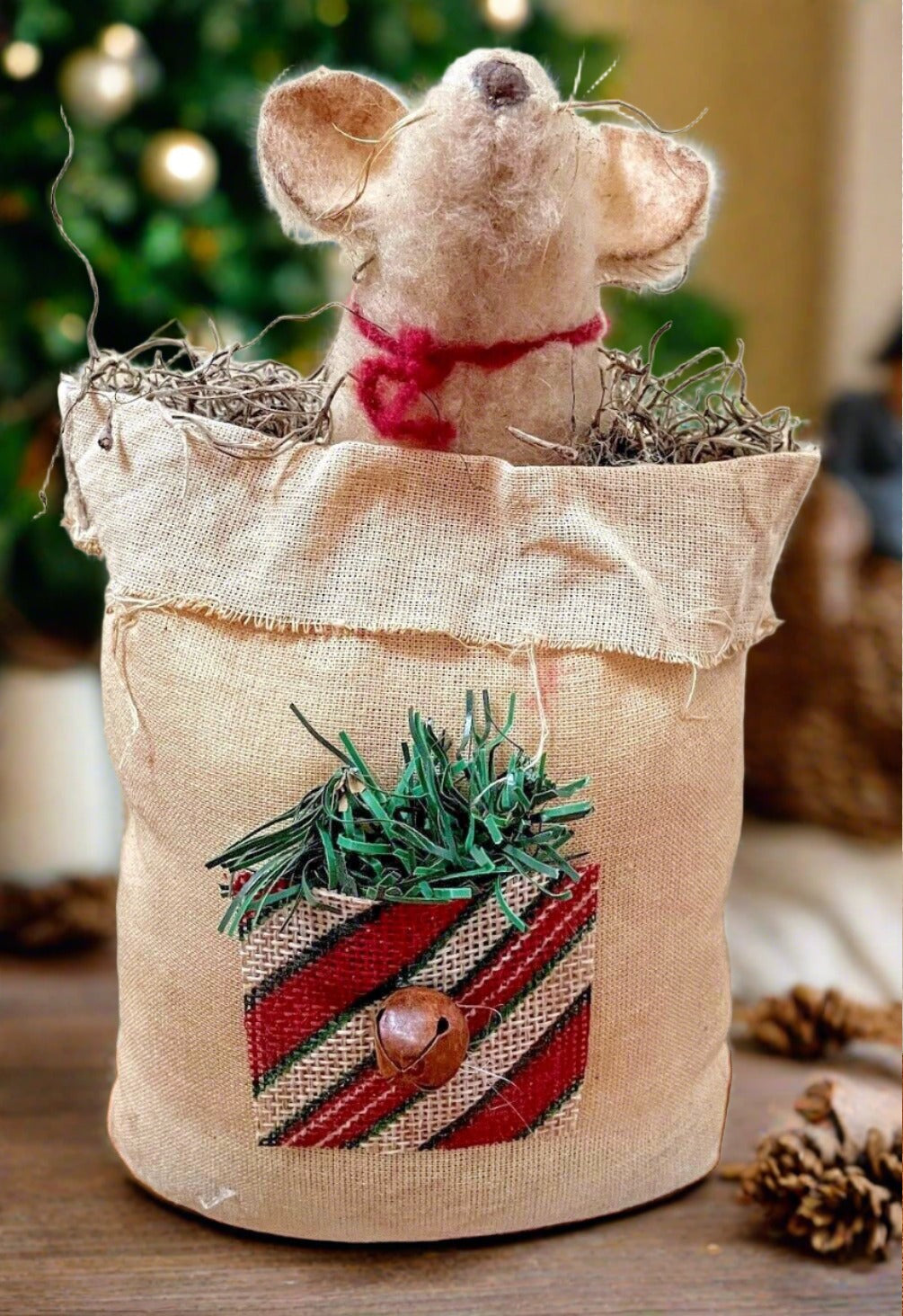 Primitive Handcrafted Christmas Mouse in Sack 8&quot; Folk Art Country - The Primitive Pineapple Collection