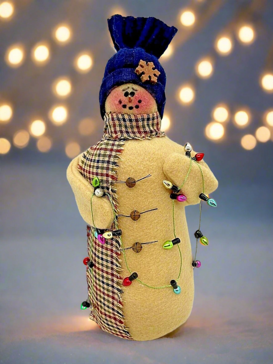 Primitive/Country Handmade Blue Deck the Halls 8.75&quot; Snowman w/ Christmas Lights - The Primitive Pineapple Collection