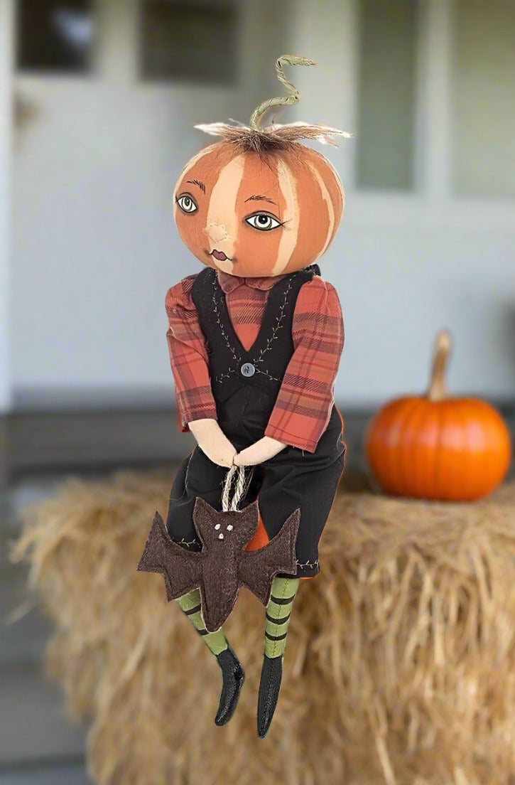 Halloween Folk Art Joe Spencer Nevin Pumpkin Bow w/ Bat Doll 13" - The Primitive Pineapple Collection