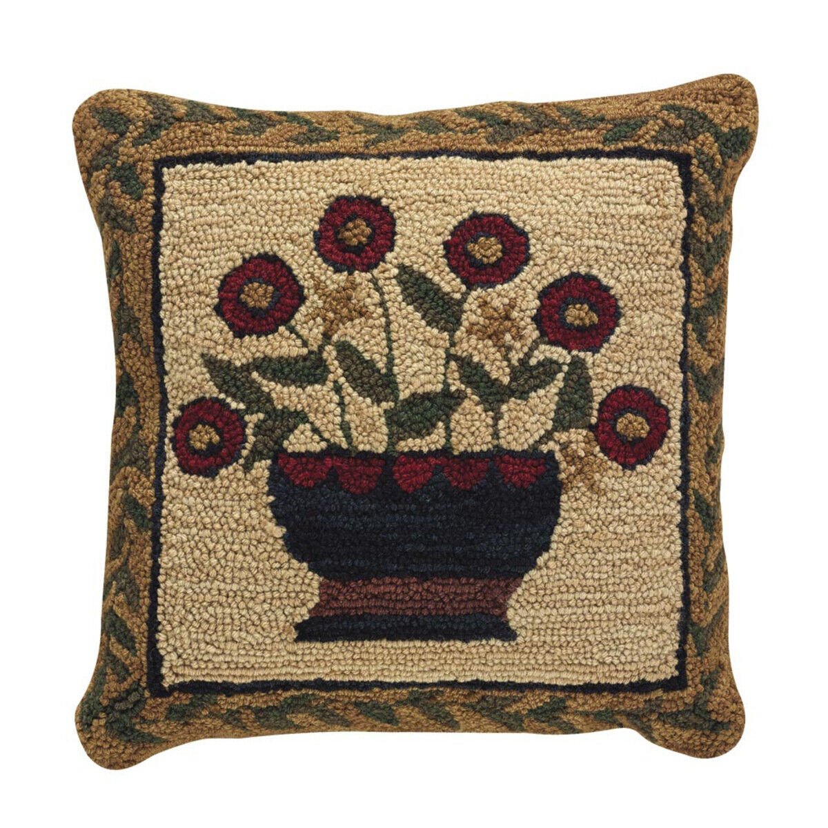 Primitive/Country Folk art Hooked 18&quot; Pillow Flower Basketw/insert - The Primitive Pineapple Collection