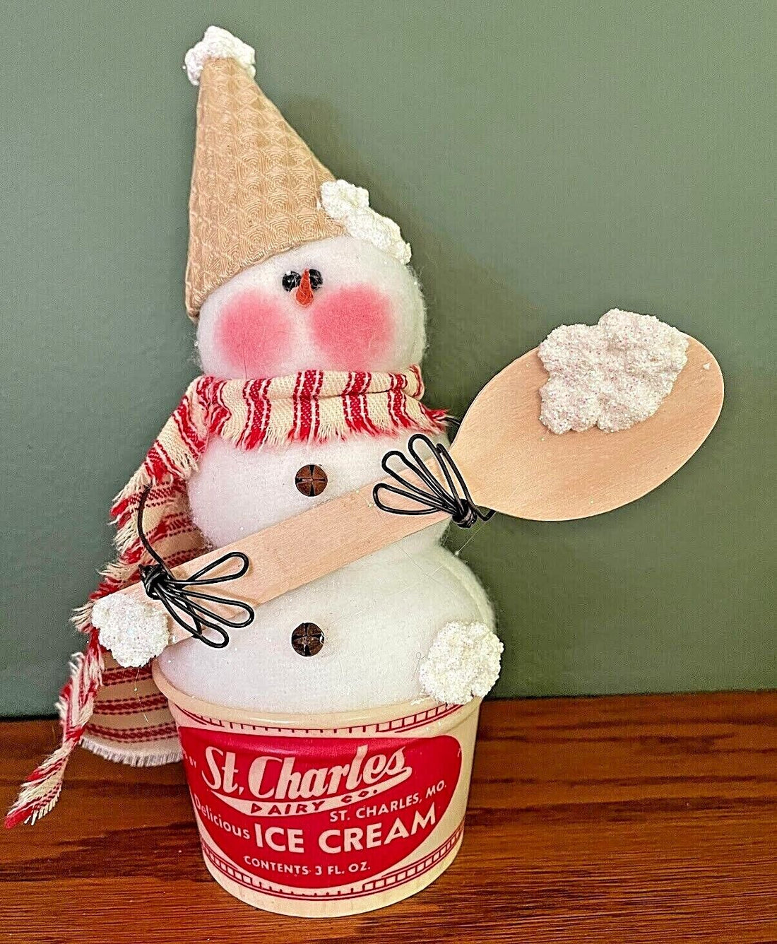 Primitive Handcrafted 7.5&quot; Christmas St. Charles Dairy Co. Ice Cream Cup Snowmen - The Primitive Pineapple Collection