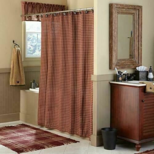 Primitive Sturbridge Wine Tan Plaid Country Farmhouse Cotton Shower Curtain - The Primitive Pineapple Collection