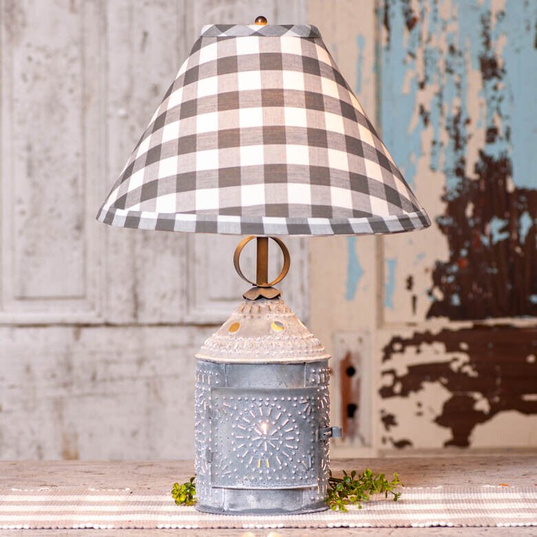 Primitive Country Weathered Punched Tin Paul Revere Lamp w/ Shade - The Primitive Pineapple Collection