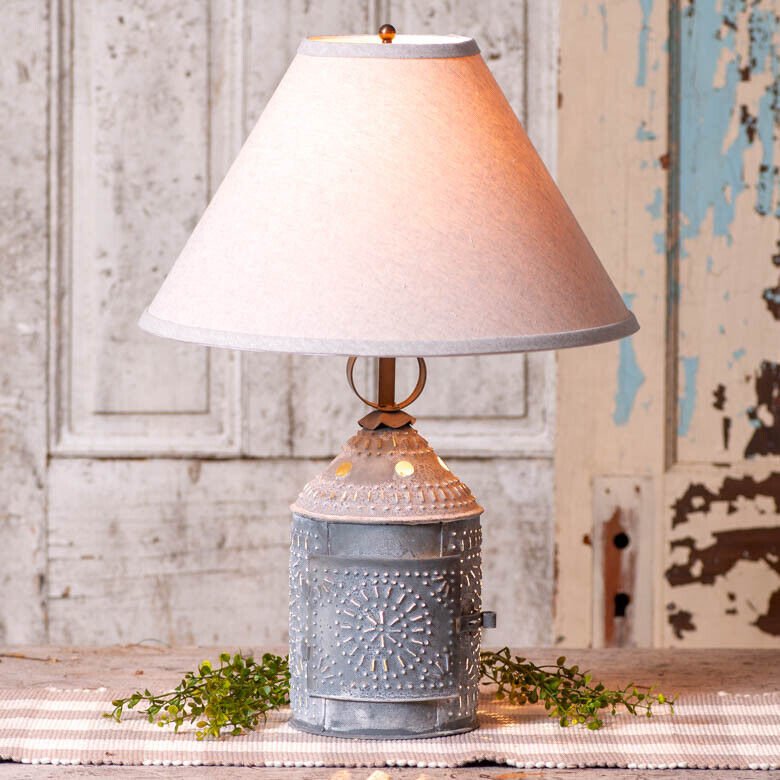 Primitive Farmhouse Punched Tin Paul Revere Lamp w/ Ivory Linen Shade - The Primitive Pineapple Collection