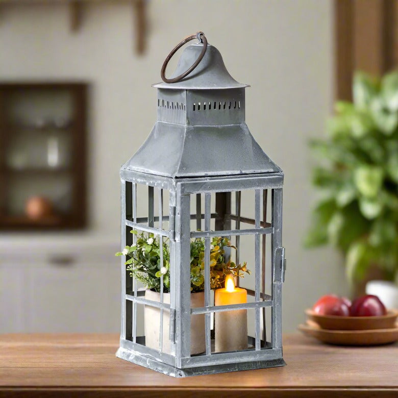 Primitive Country Centerpiece Candle Lantern in Weathered Zinc - The Primitive Pineapple Collection