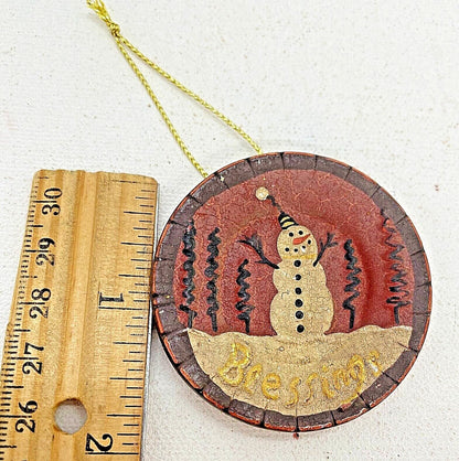 Ragon House 2&quot; Redware Blessing Snowman Ornament Plate Retired - The Primitive Pineapple Collection