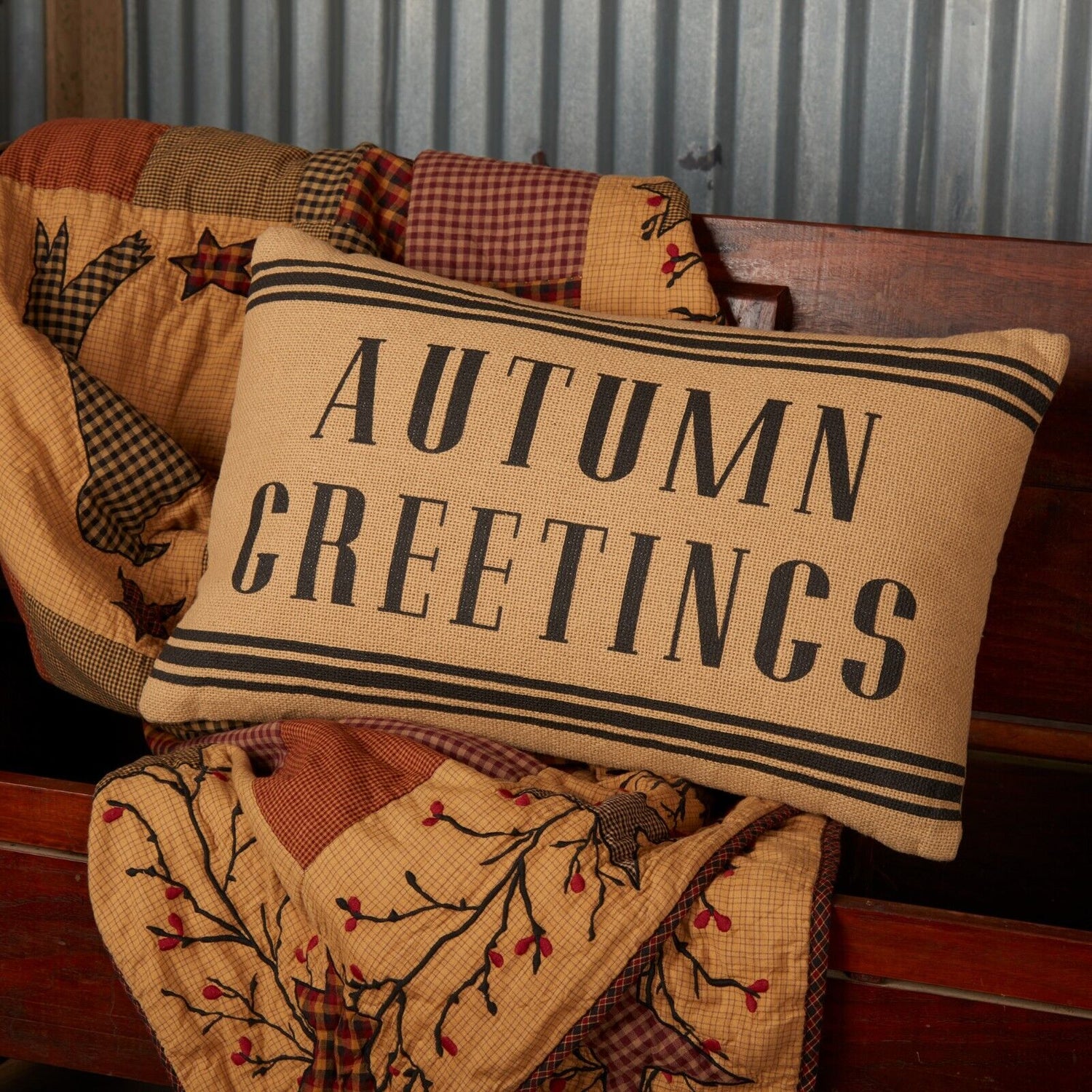 Primitive Farmhouse 14&quot;x22&quot; Autumn Greetings Pillow Tan Stenciled Fall - The Primitive Pineapple Collection